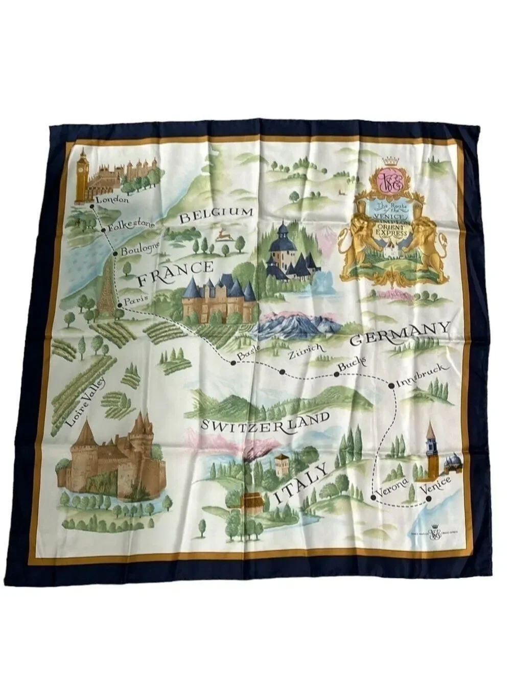 Vintage Venice Simplon Orient Express Silk Scarf Journey Pattern